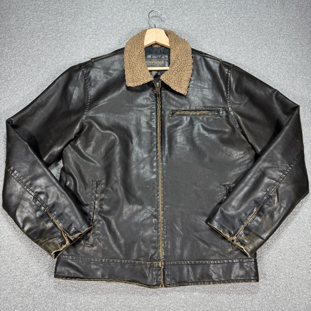 Vintage Aeropostale Faux Leather Jacket Men's Large Brown Sherpa Collar Lined